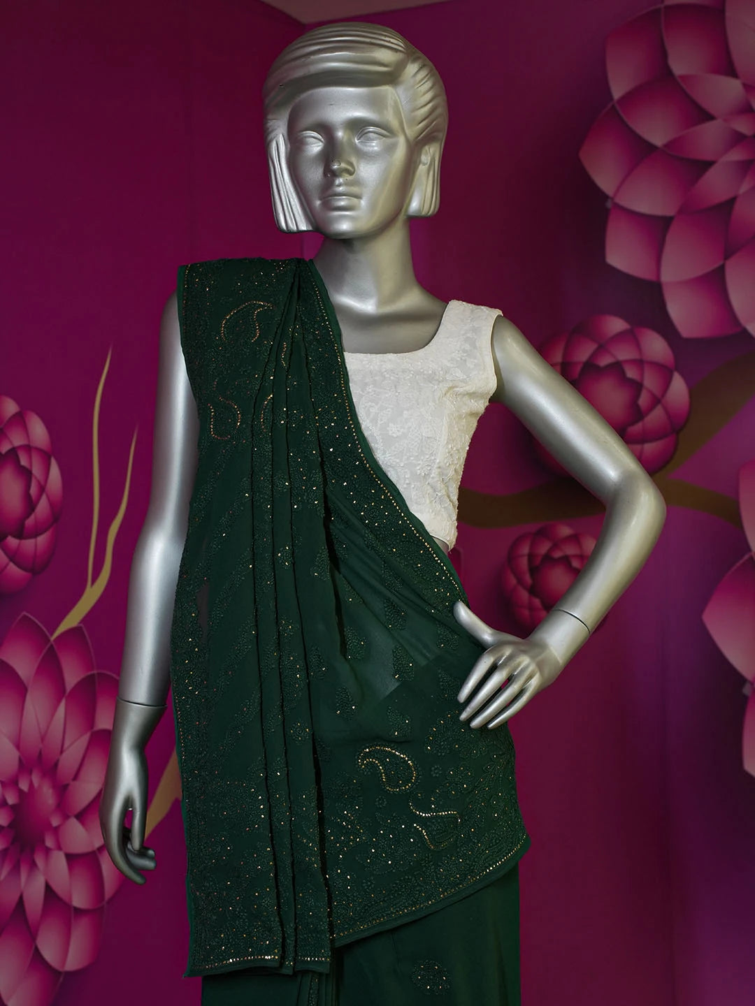 Ada Hand Embroidered Bottle Green Viscose Georgette Lucknowi Chikankari Saree With Blouse And Muqaish Work 01A382733