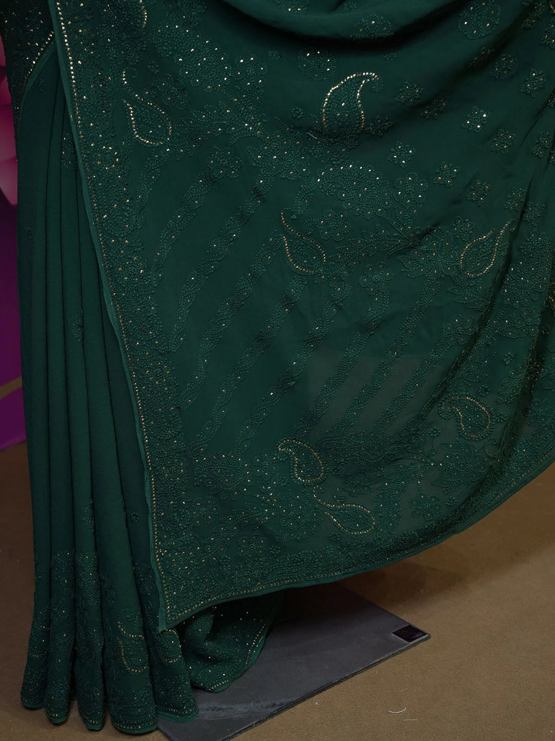 Ada Hand Embroidered Bottle Green Viscose Georgette Lucknowi Chikankari Saree With Blouse And Muqaish Work 01A382733