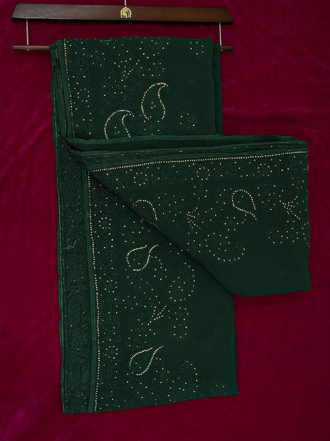 Ada Hand Embroidered Bottle Green Viscose Georgette Lucknowi Chikankari Saree With Blouse And Muqaish Work 01A382733