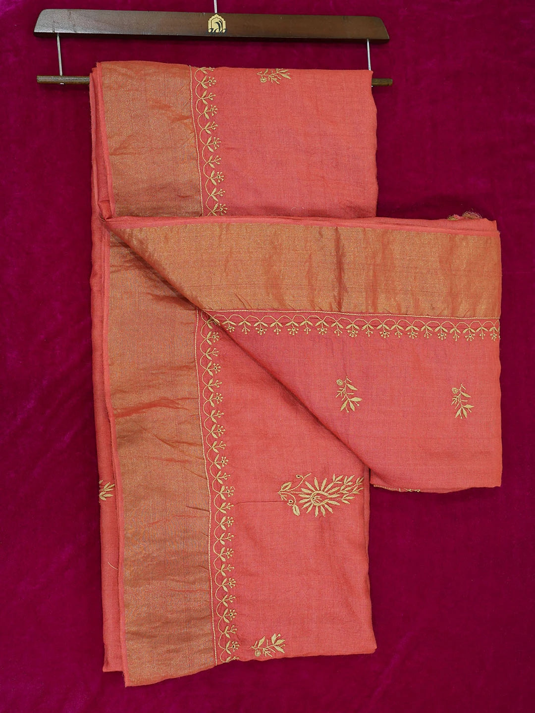 Ada Hand Embroidered Rust Silk Lucknowi Chikankari Saree With Blouse 01A415215
