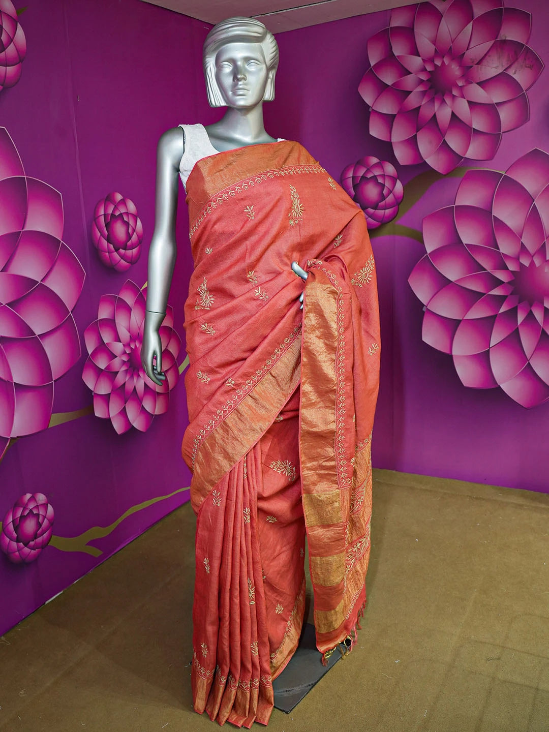 Ada Hand Embroidered Rust Silk Lucknowi Chikankari Saree With Blouse 01A415215