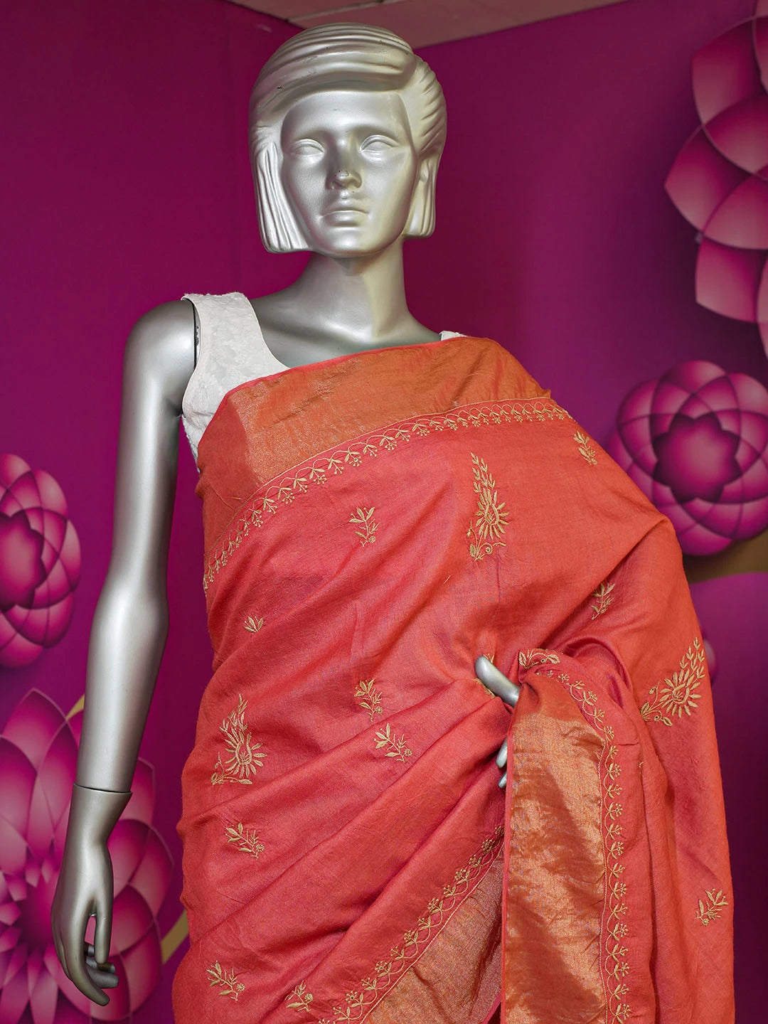 Ada Hand Embroidered Rust Silk Lucknowi Chikankari Saree With Blouse 01A415215