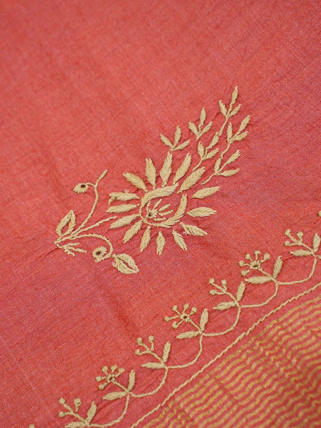 Ada Hand Embroidered Rust Silk Lucknowi Chikankari Saree With Blouse 01A415215