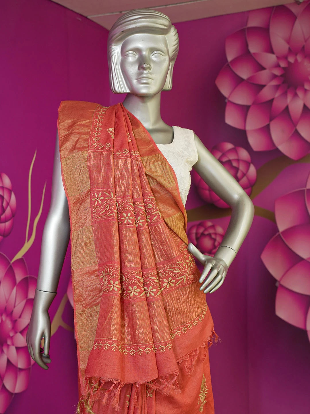 Ada Hand Embroidered Rust Silk Lucknowi Chikankari Saree With Blouse 01A415215