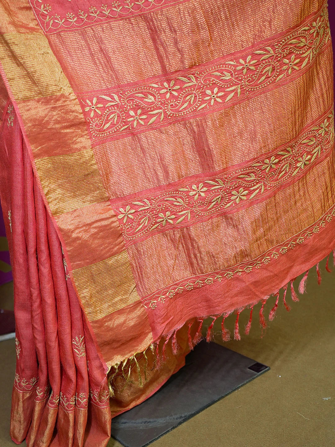 Ada Hand Embroidered Rust Silk Lucknowi Chikankari Saree With Blouse 01A415215