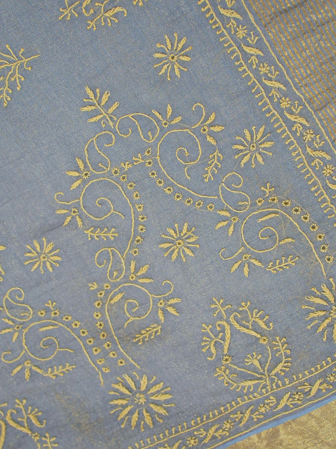 Ada Hand Embroidered Blue Tissue Lucknowi Chikankari Saree With Blouse 01A566371