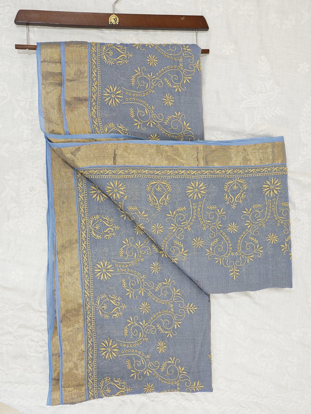 Ada Hand Embroidered Blue Tissue Lucknowi Chikankari Saree With Blouse 01A566371