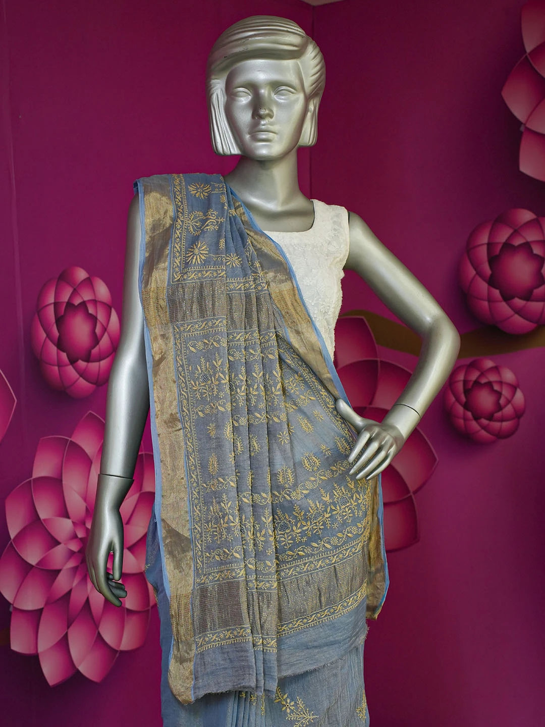 Ada Hand Embroidered Blue Tissue Lucknowi Chikankari Saree With Blouse 01A566371