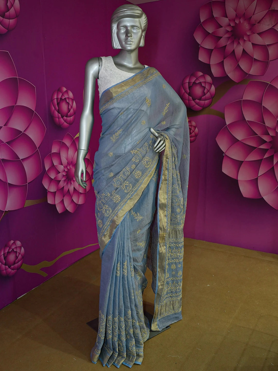 Ada Hand Embroidered Blue Tissue Lucknowi Chikankari Saree With Blouse 01A566371