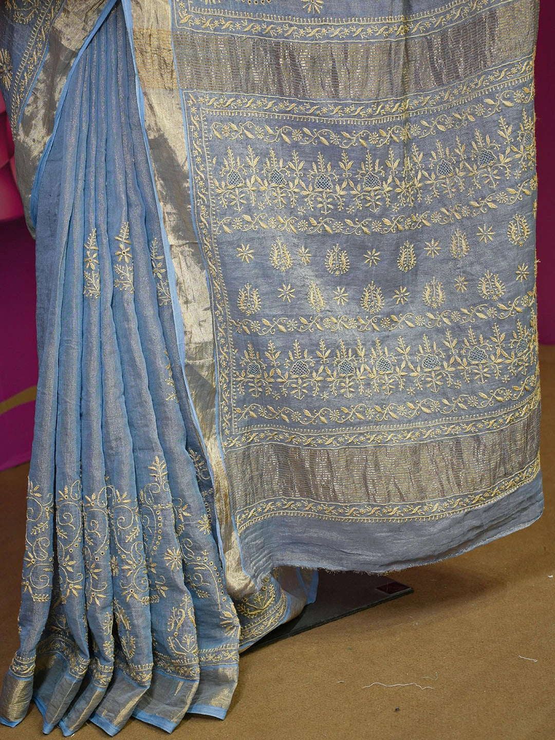Ada Hand Embroidered Blue Tissue Lucknowi Chikankari Saree With Blouse 01A566371