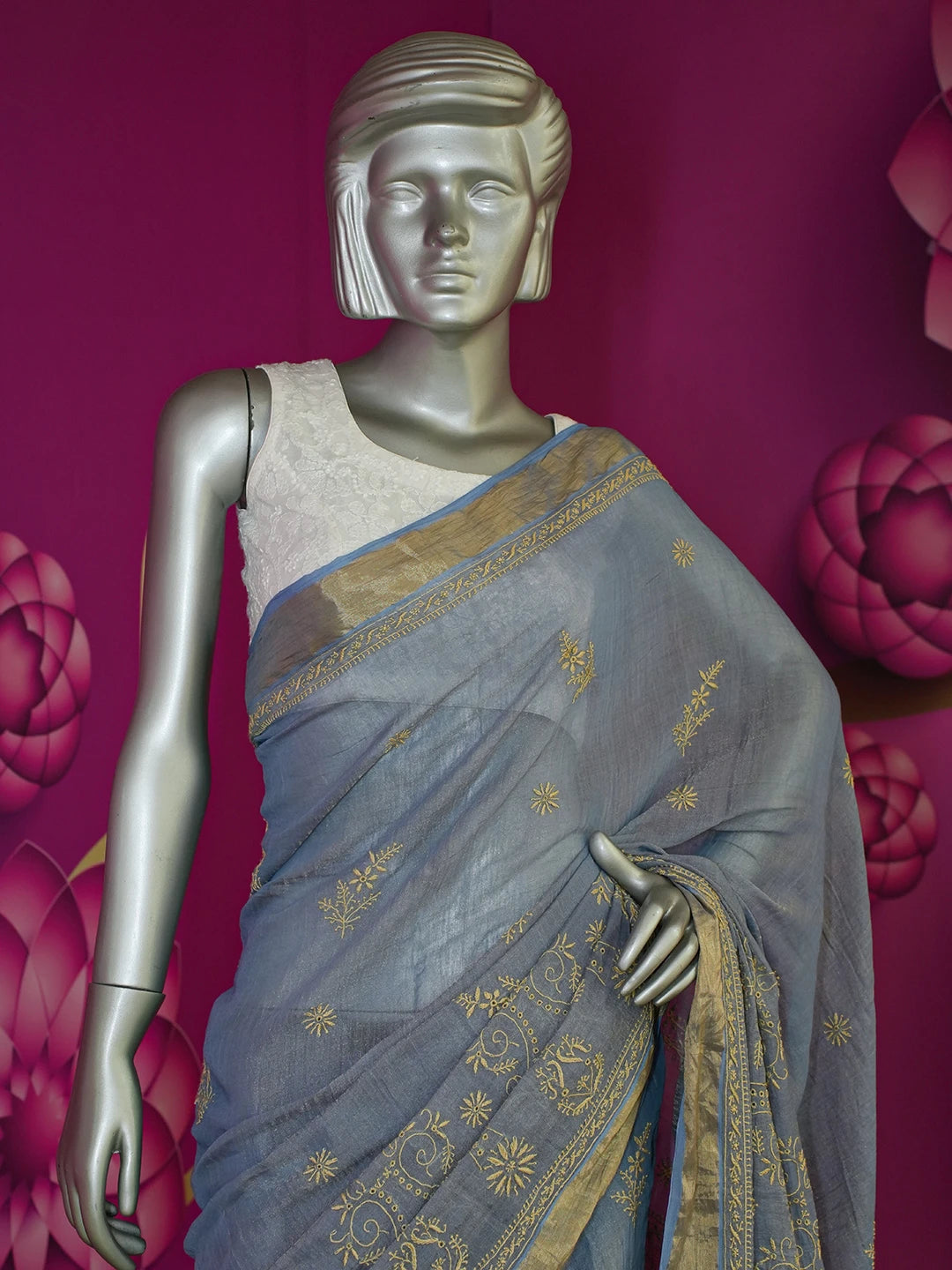 Ada Hand Embroidered Blue Tissue Lucknowi Chikankari Saree With Blouse 01A566371