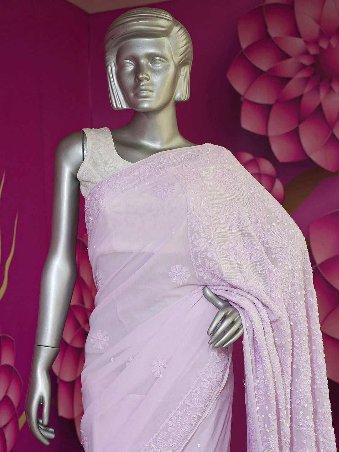 Ada Hand Embroidered Mauve Viscose Georgette Lucknowi Chikankari Saree With Blouse With Cutdana Work 01A583870