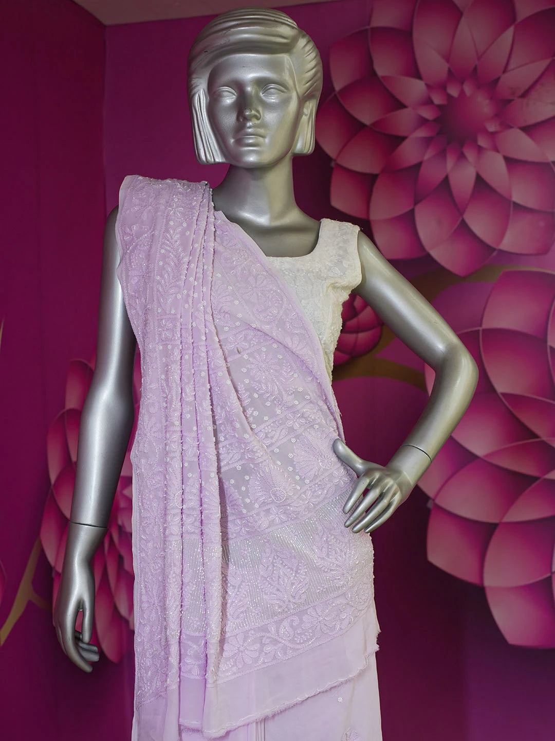 Ada Hand Embroidered Mauve Viscose Georgette Lucknowi Chikankari Saree With Blouse With Cutdana Work 01A583870