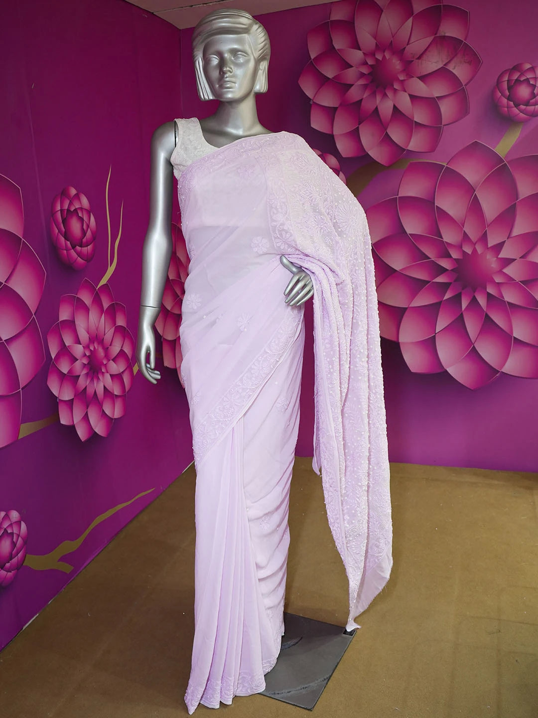 Ada Hand Embroidered Mauve Viscose Georgette Lucknowi Chikankari Saree With Blouse With Cutdana Work 01A583870