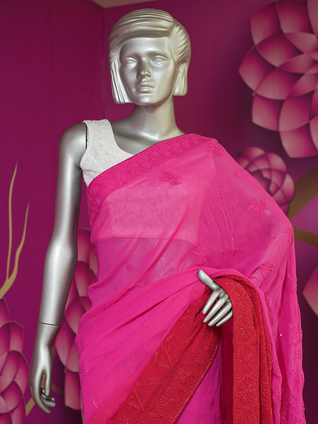 Ada Hand Embroidered Ombre Shade of Magenta & Red  Viscose Georgette Lucknowi Chikankari Saree With Blouse And Cutdana Work 01A382726