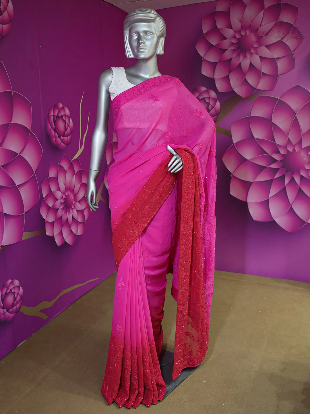 Ada Hand Embroidered Ombre Shade of Magenta & Red  Viscose Georgette Lucknowi Chikankari Saree With Blouse And Cutdana Work 01A382726