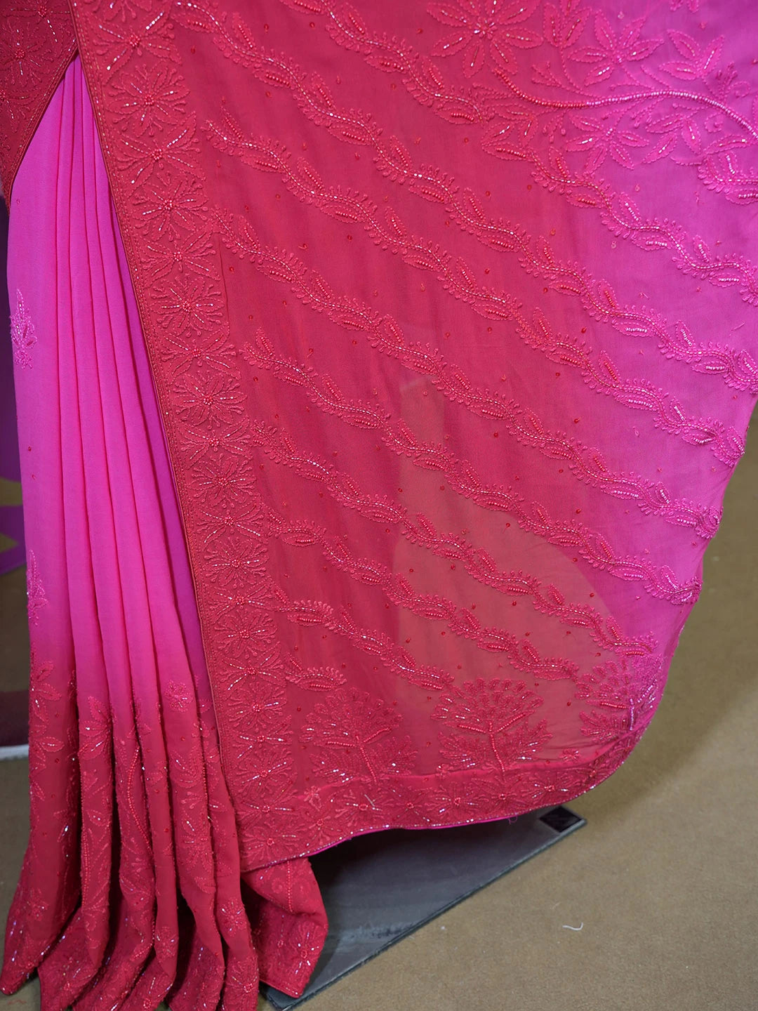Ada Hand Embroidered Ombre Shade of Magenta & Red  Viscose Georgette Lucknowi Chikankari Saree With Blouse And Cutdana Work 01A382726