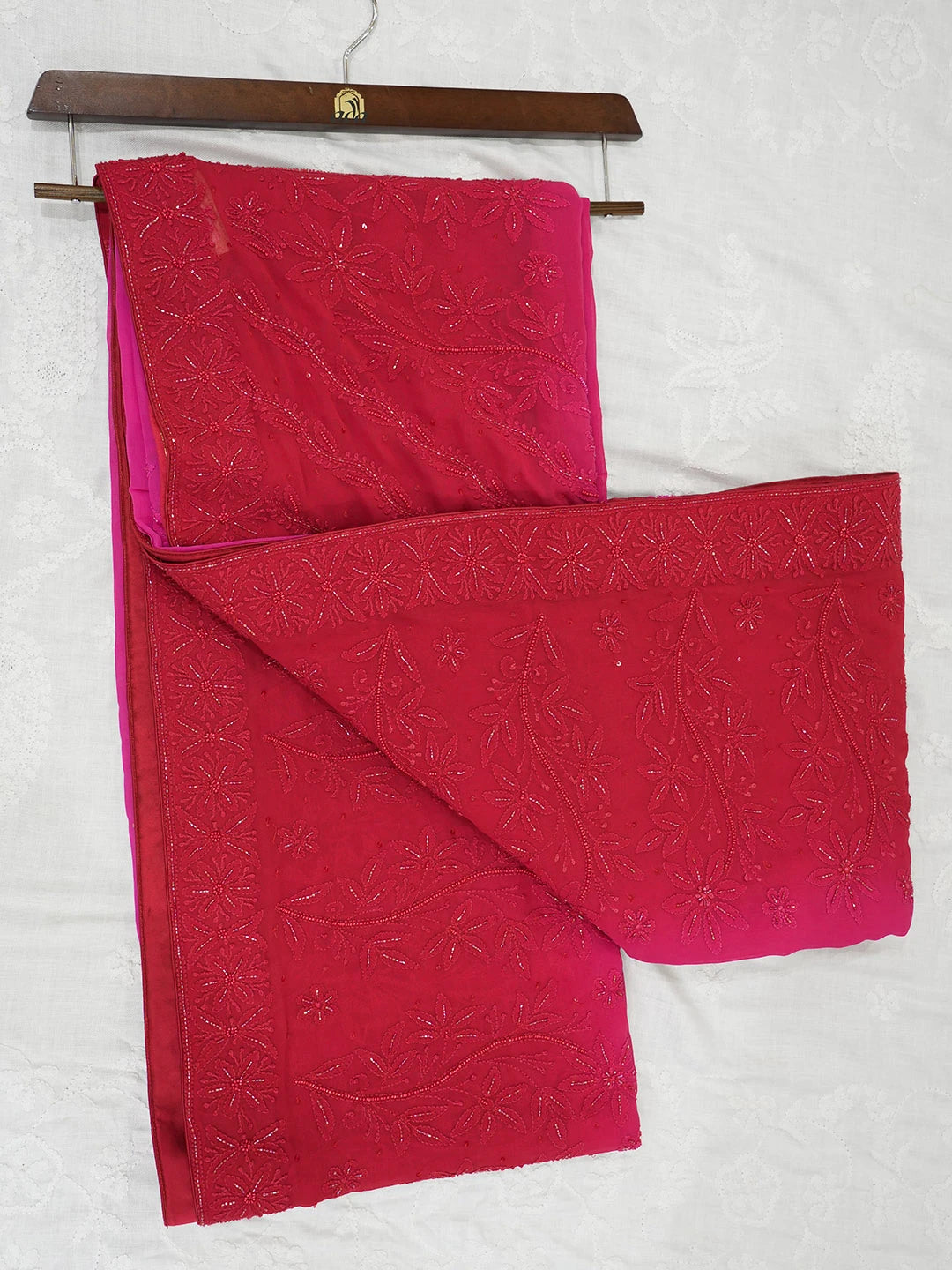 Ada Hand Embroidered Ombre Shade of Magenta & Red  Viscose Georgette Lucknowi Chikankari Saree With Blouse And Cutdana Work 01A382726