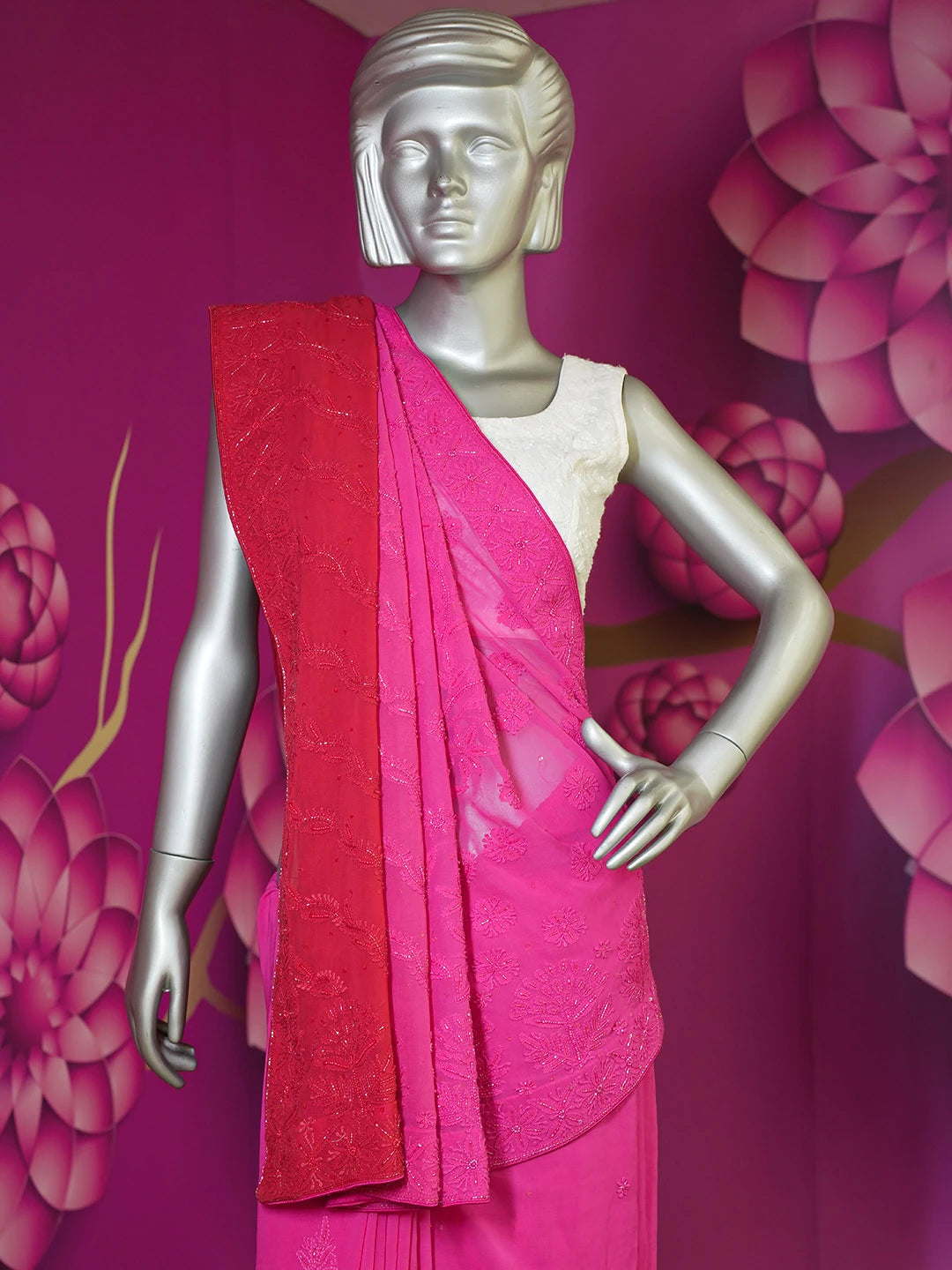 Ada Hand Embroidered Ombre Shade of Magenta & Red  Viscose Georgette Lucknowi Chikankari Saree With Blouse And Cutdana Work 01A382726