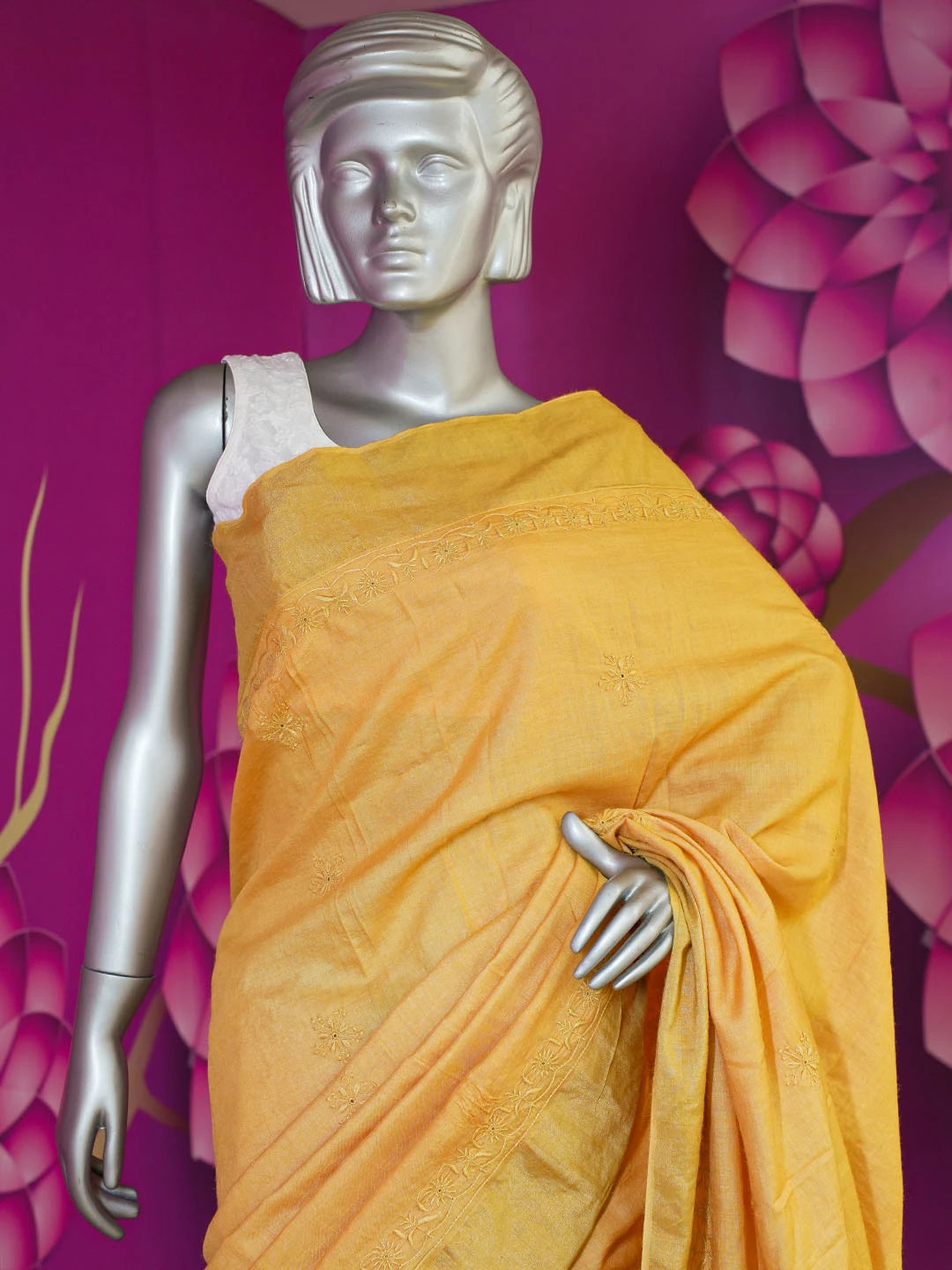 Ada Hand Embroidered Mustard Tissue Silk Lucknowi Chikankari Saree With Blouse 01A415219