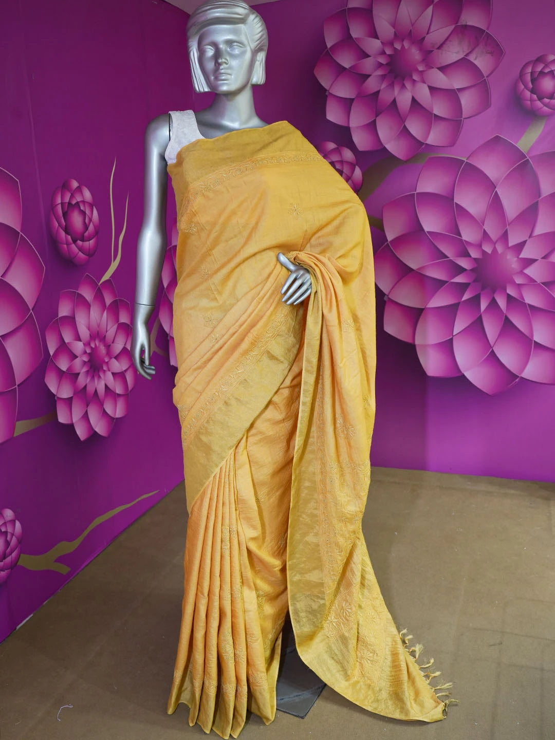Ada Hand Embroidered Mustard Tissue Silk Lucknowi Chikankari Saree With Blouse 01A415219