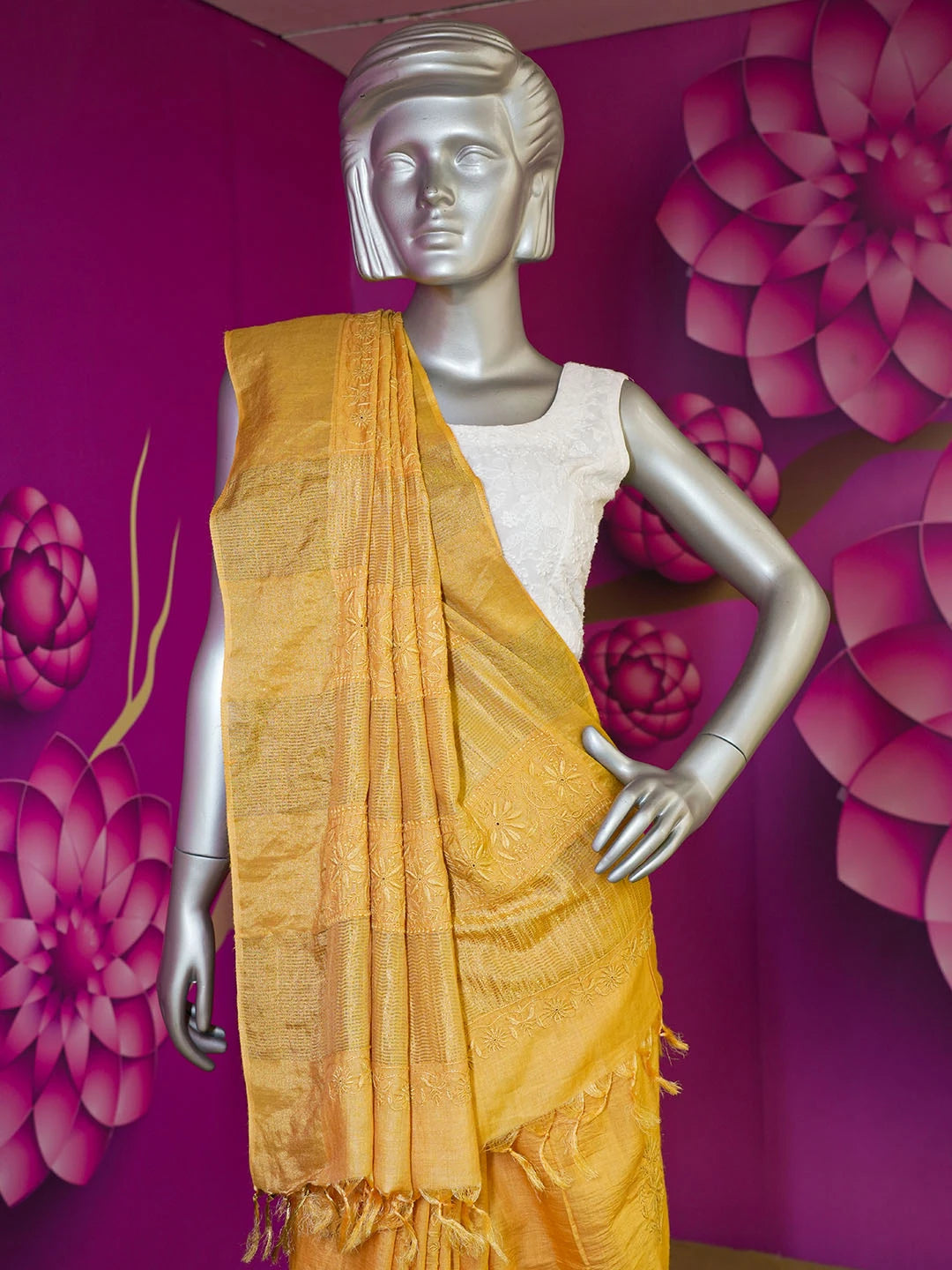 Ada Hand Embroidered Mustard Tissue Silk Lucknowi Chikankari Saree With Blouse 01A415219