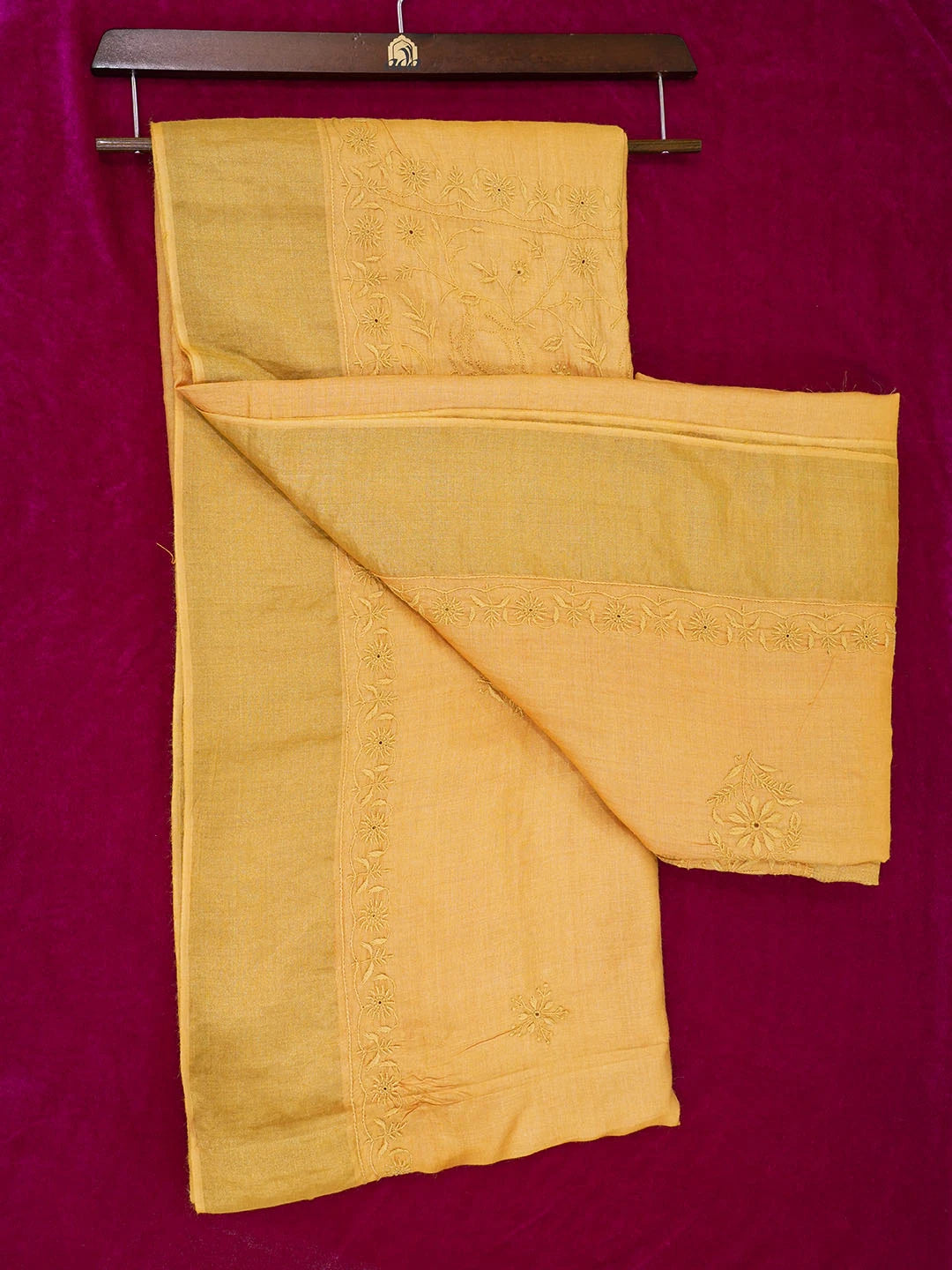 Ada Hand Embroidered Mustard Tissue Silk Lucknowi Chikankari Saree With Blouse 01A415219