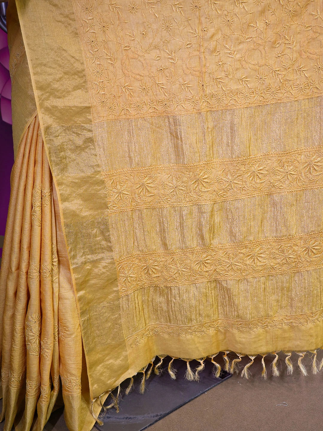 Ada Hand Embroidered Mustard Tissue Silk Lucknowi Chikankari Saree With Blouse 01A415219