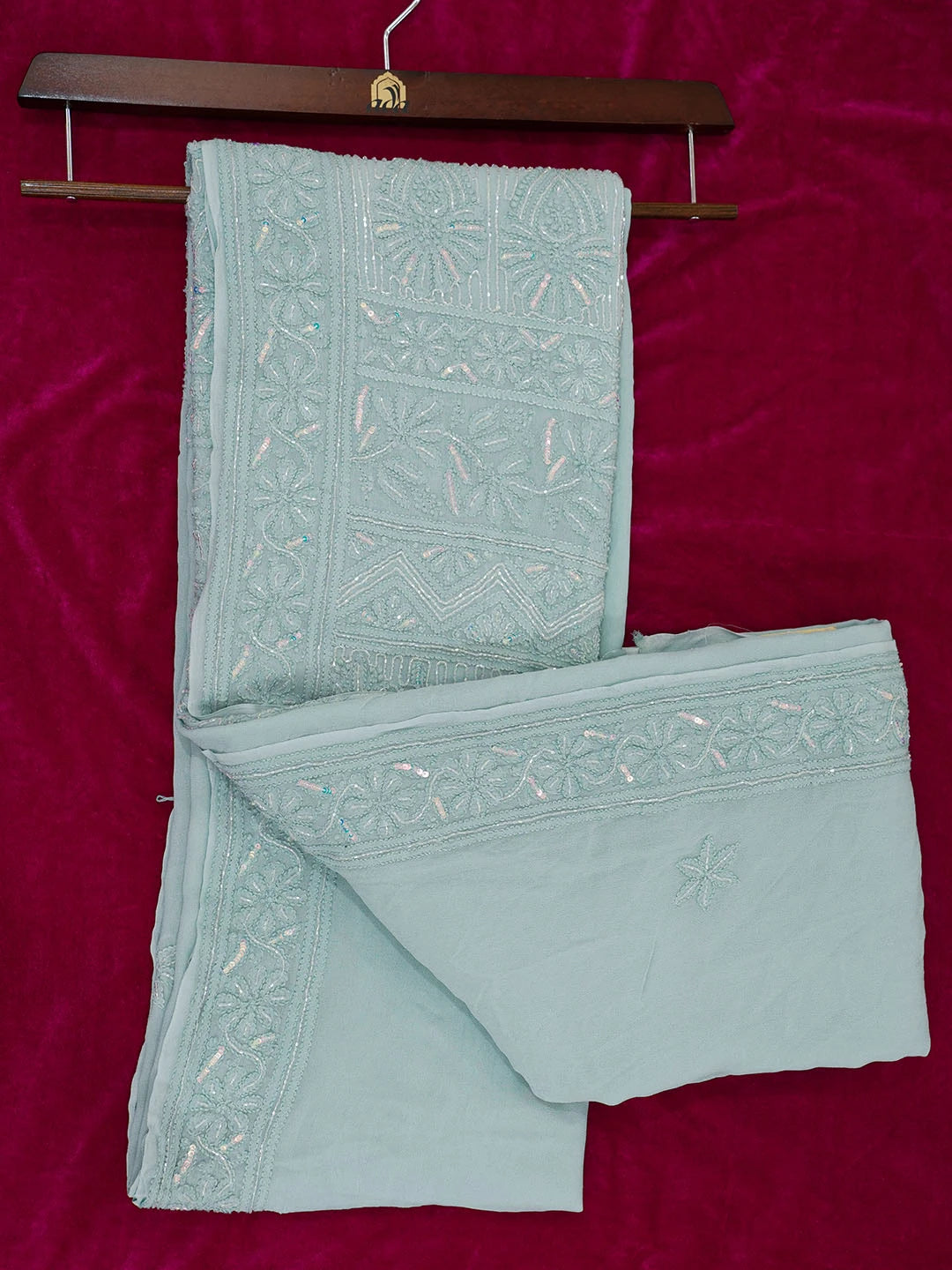 Ada Hand Embroidered Teal Green Viscose Georgette Lucknowi Chikankari Saree With Blouse And Sequinned Work 01A553870