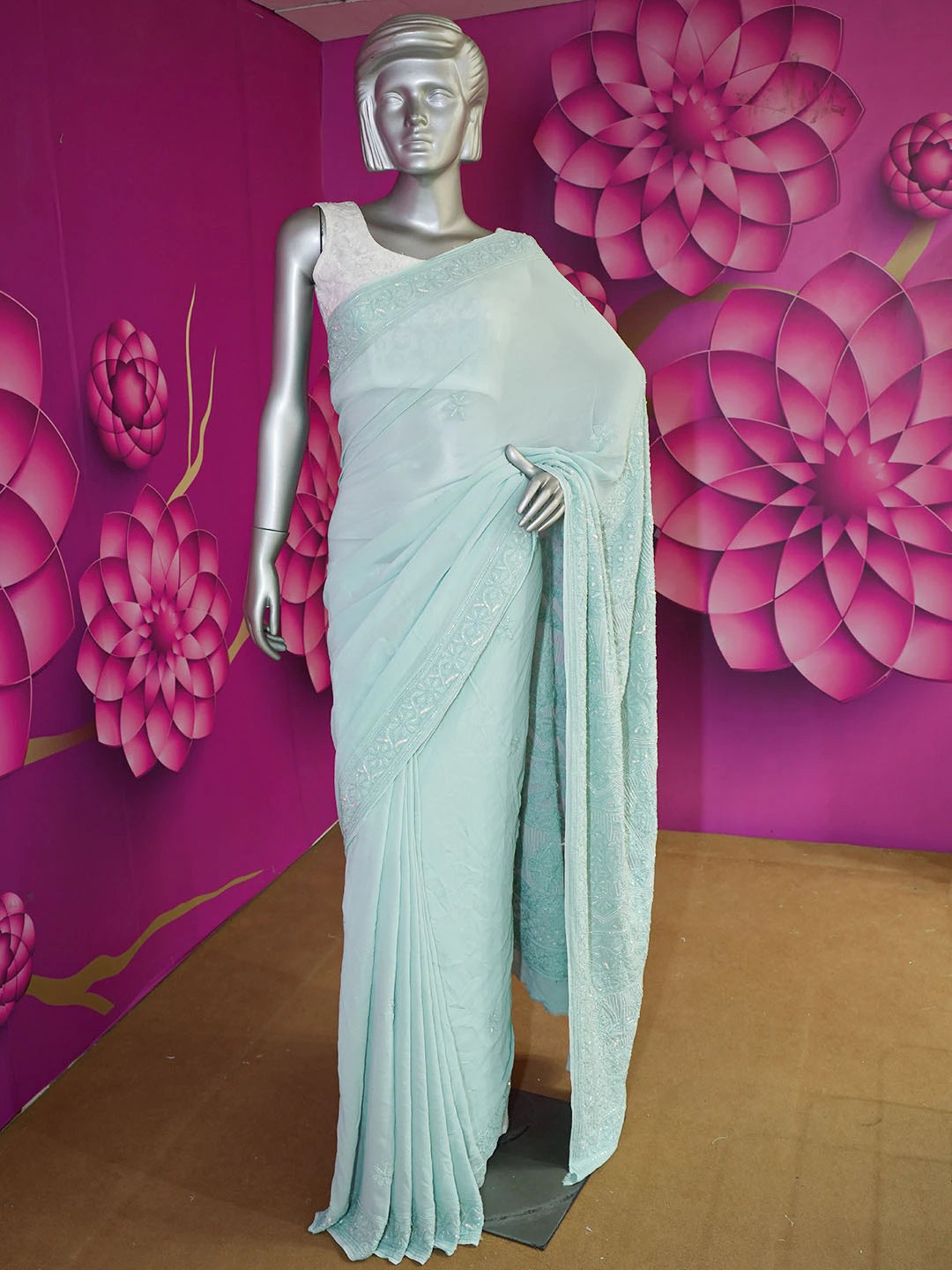 Ada Hand Embroidered Teal Green Viscose Georgette Lucknowi Chikankari Saree With Blouse And Sequinned Work 01A553870