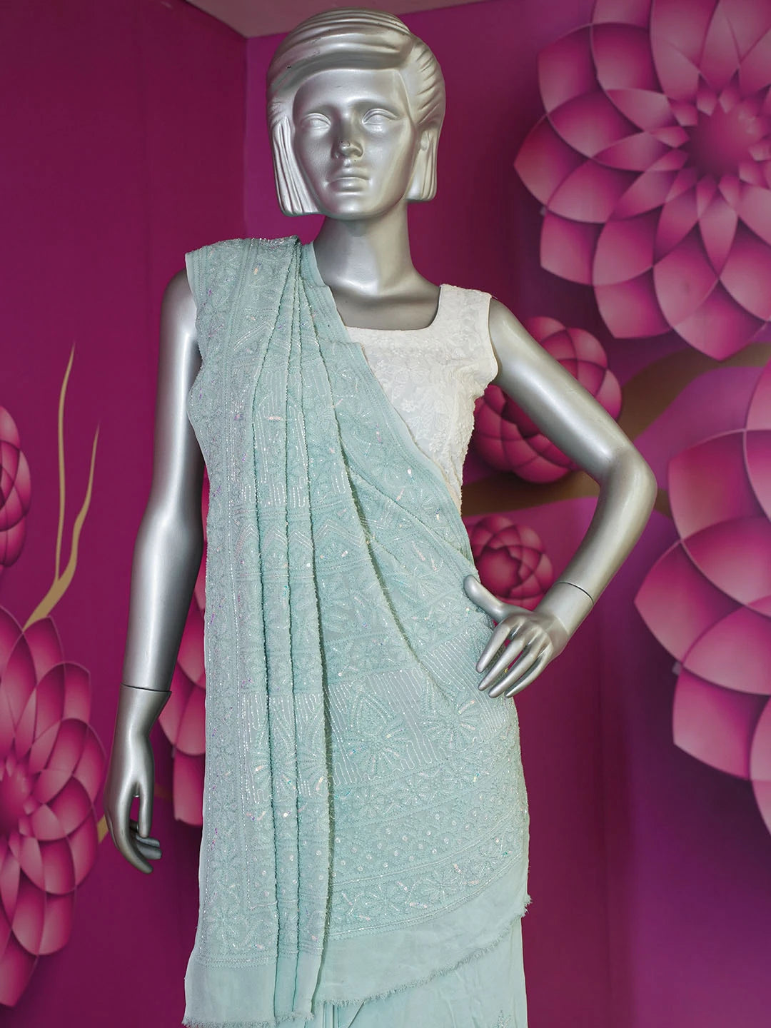 Ada Hand Embroidered Teal Green Viscose Georgette Lucknowi Chikankari Saree With Blouse And Sequinned Work 01A553870