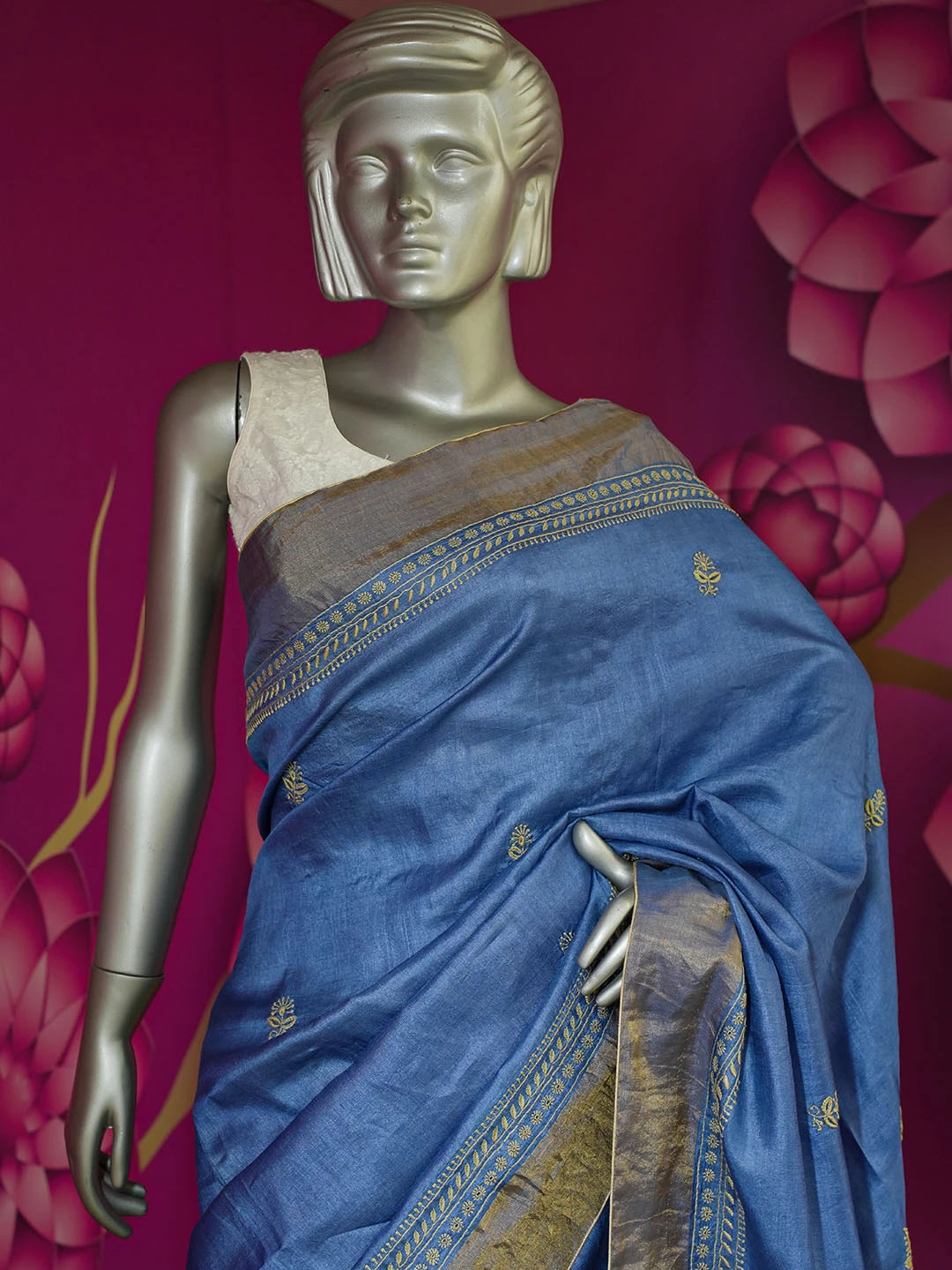 Ada Hand Embroidered Blue Tissue Lucknowi Chikankari Saree With Blouse 01A494593