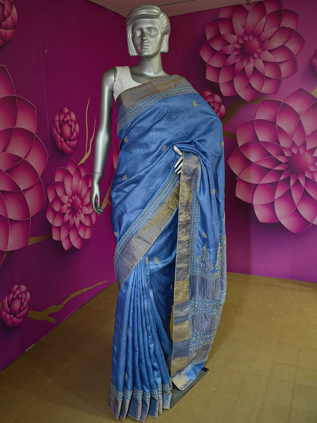Ada Hand Embroidered Blue Tissue Lucknowi Chikankari Saree With Blouse 01A494593