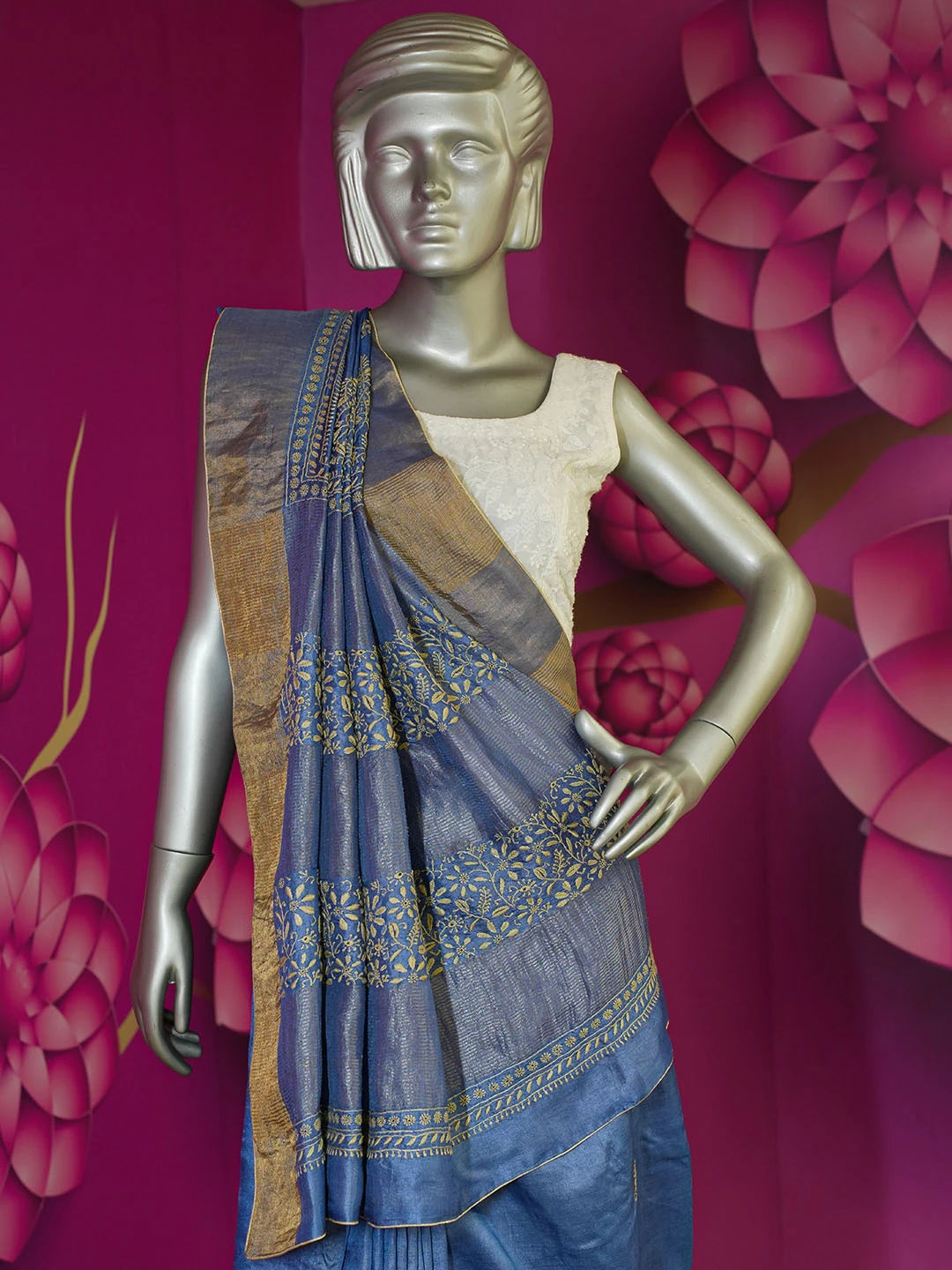 Ada Hand Embroidered Blue Tissue Lucknowi Chikankari Saree With Blouse 01A494593