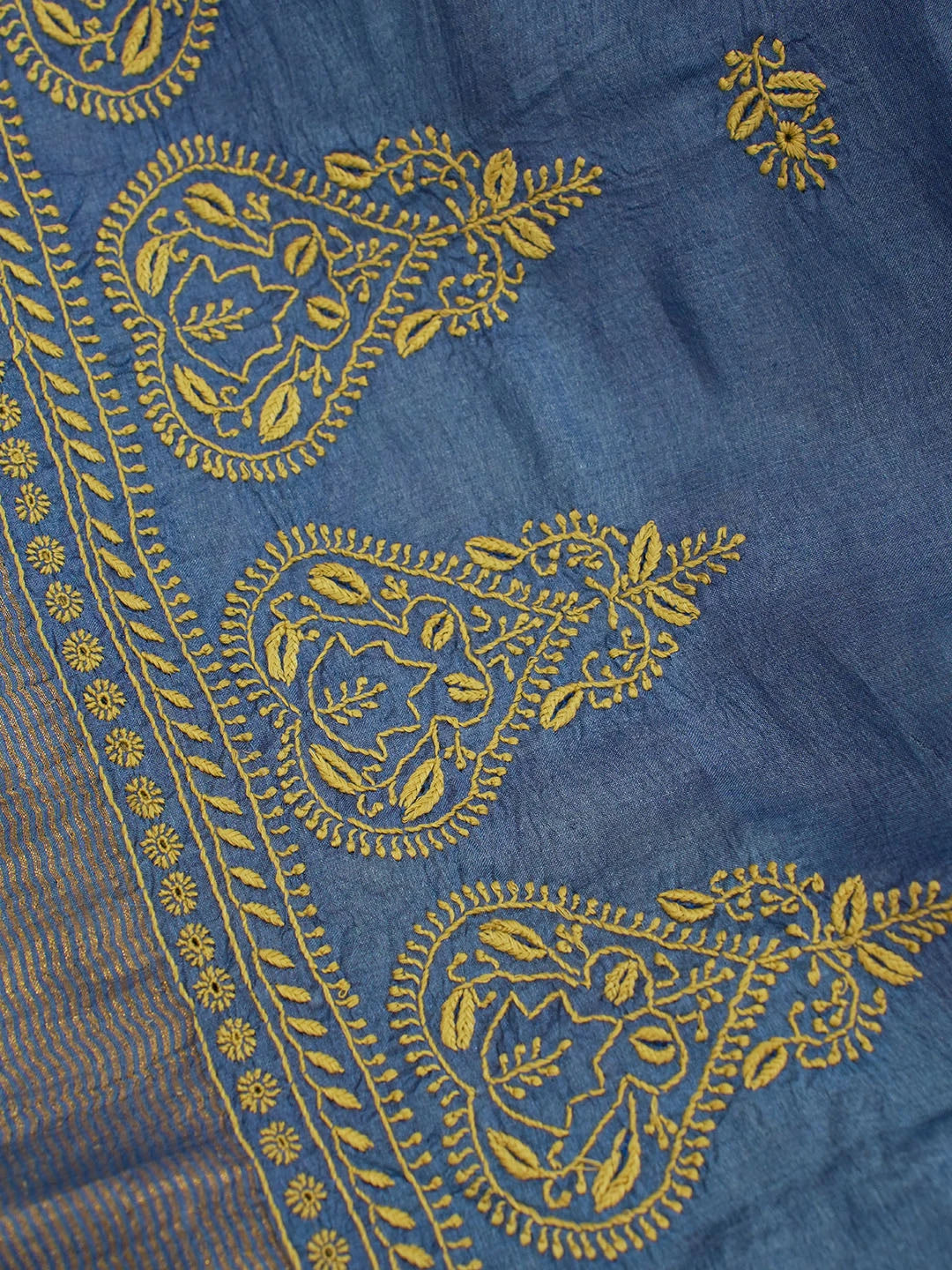 Ada Hand Embroidered Blue Tissue Lucknowi Chikankari Saree With Blouse 01A494593