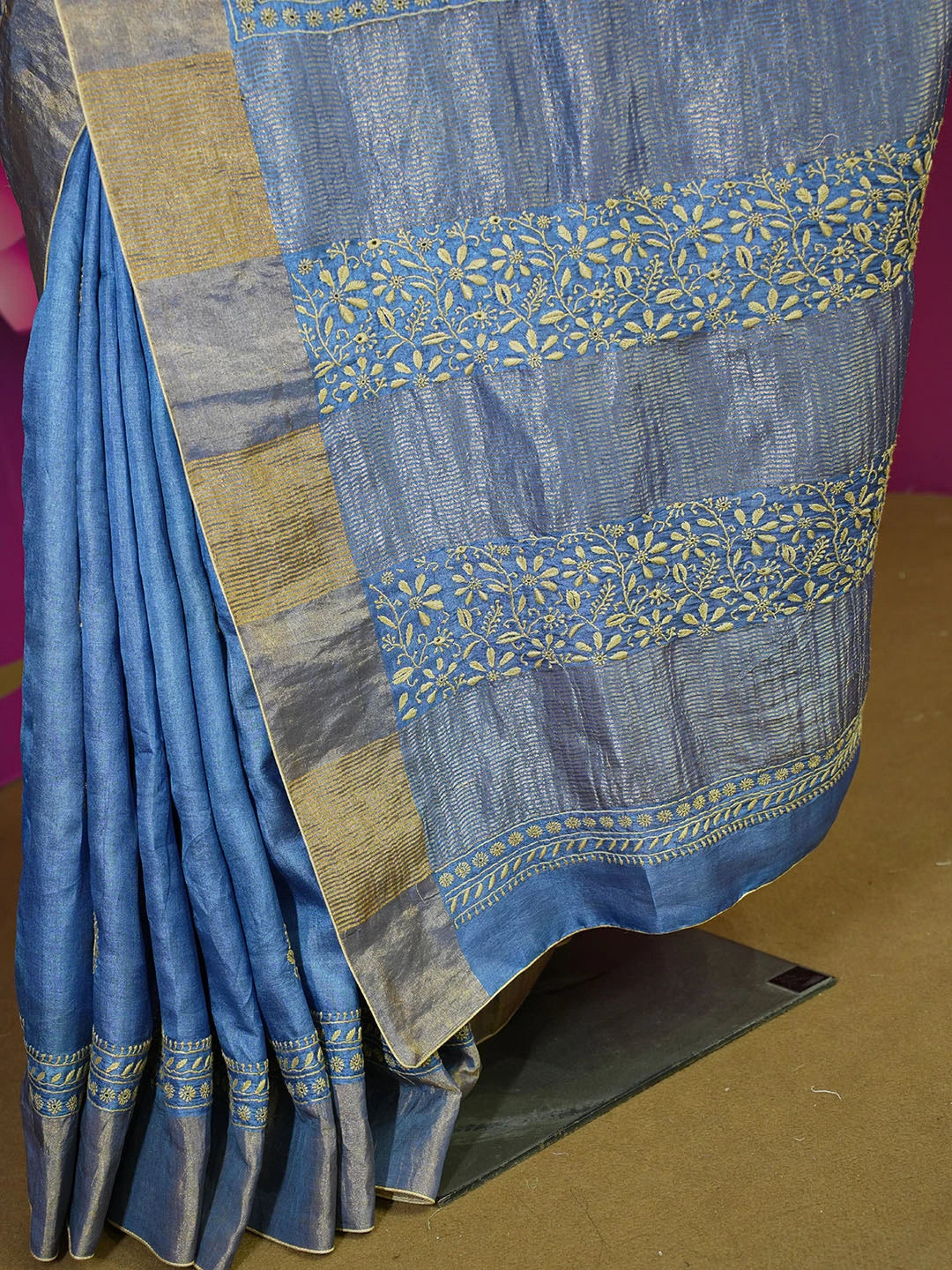 Ada Hand Embroidered Blue Tissue Lucknowi Chikankari Saree With Blouse 01A494593