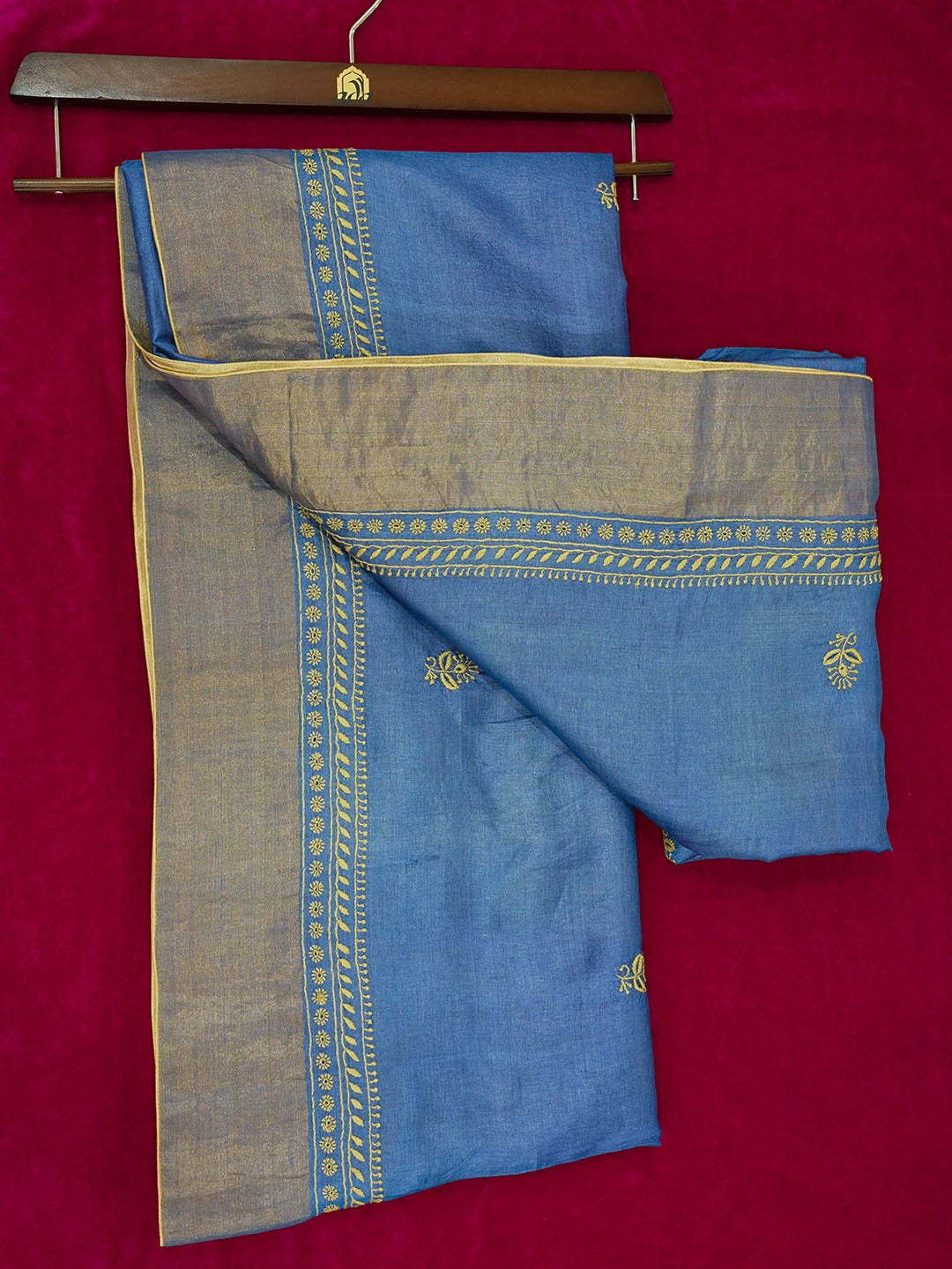 Ada Hand Embroidered Blue Tissue Lucknowi Chikankari Saree With Blouse 01A494593