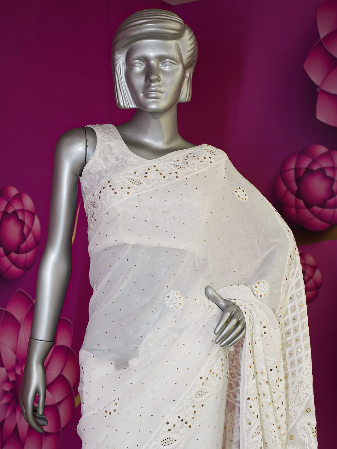 Ada Hand Embroidered Snow White Viscose Georgette Lucknowi Chikankari Saree With Blouse And Muqaish Work 01A554802