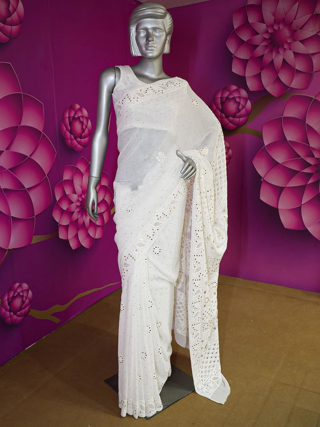 Ada Hand Embroidered Snow White Viscose Georgette Lucknowi Chikankari Saree With Blouse And Muqaish Work 01A554802
