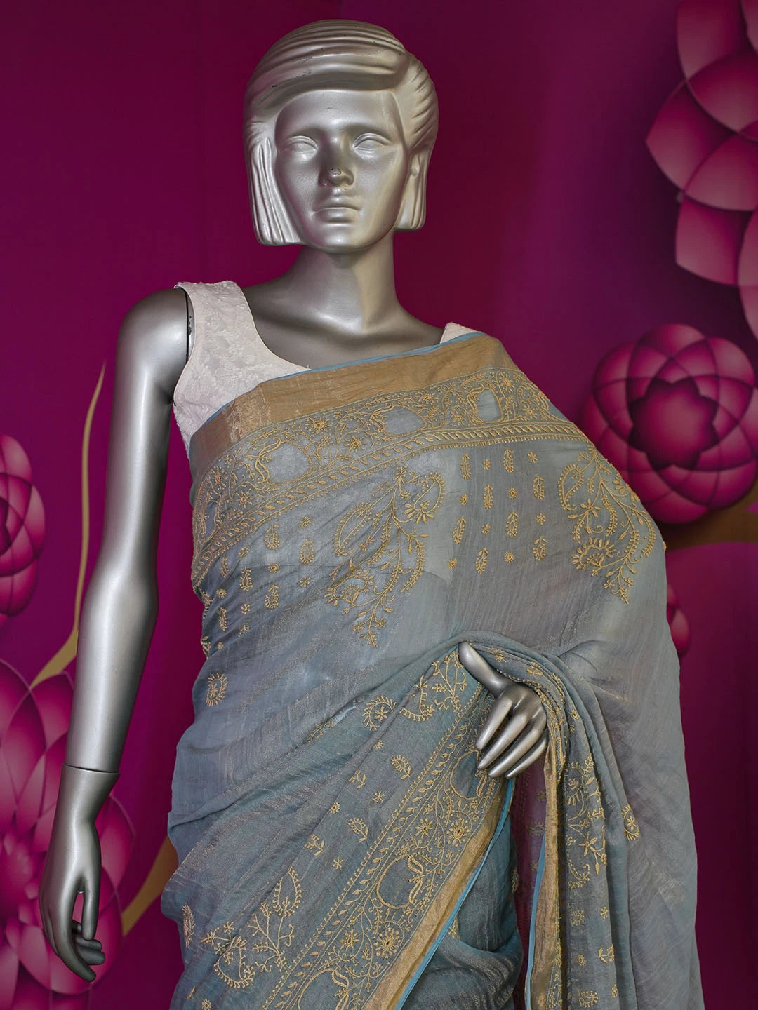 Ada Hand Embroidered Blue Tissue Lucknowi Chikankari Saree With Blouse 01A555787