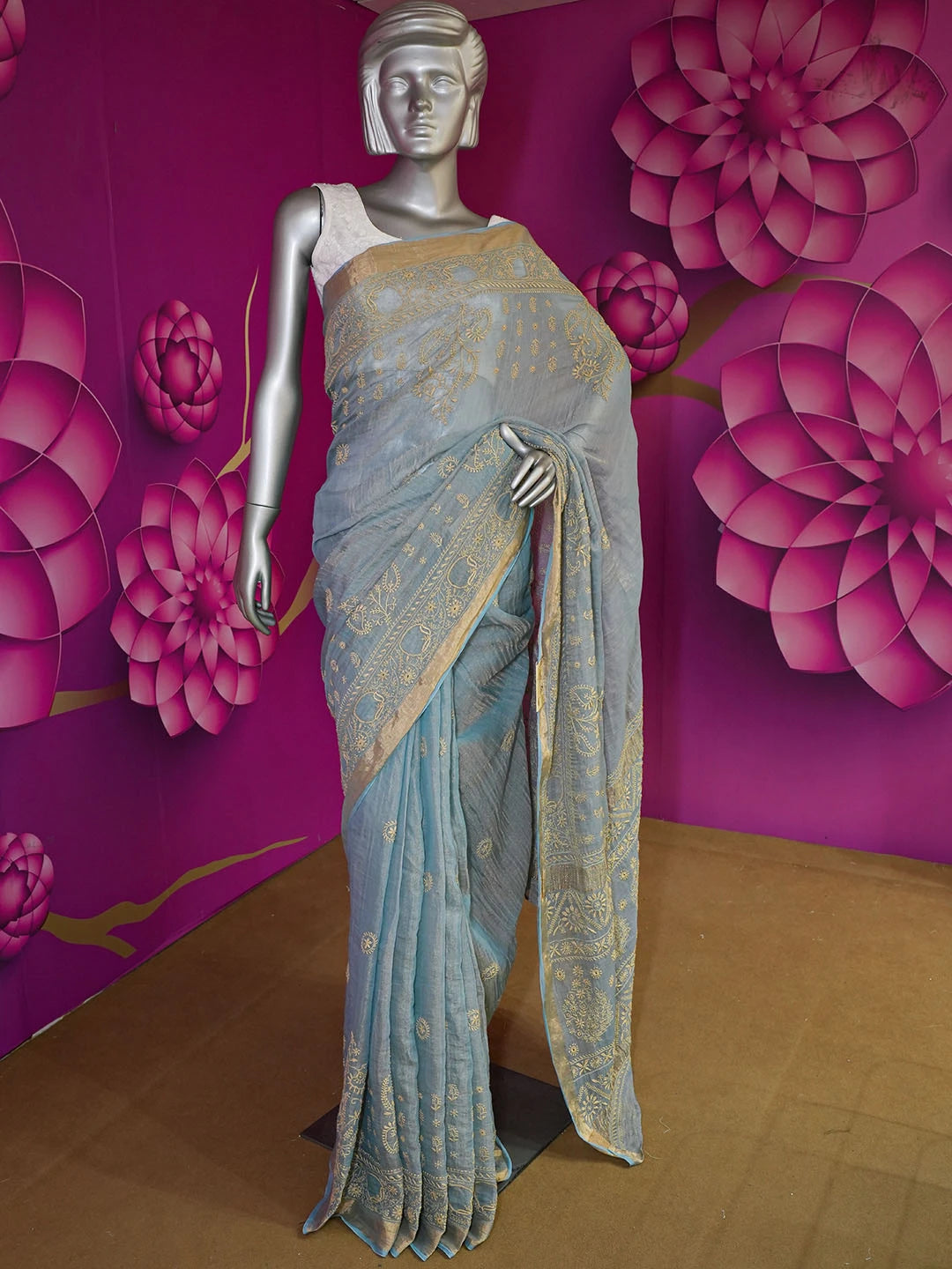 Ada Hand Embroidered Blue Tissue Lucknowi Chikankari Saree With Blouse 01A555787