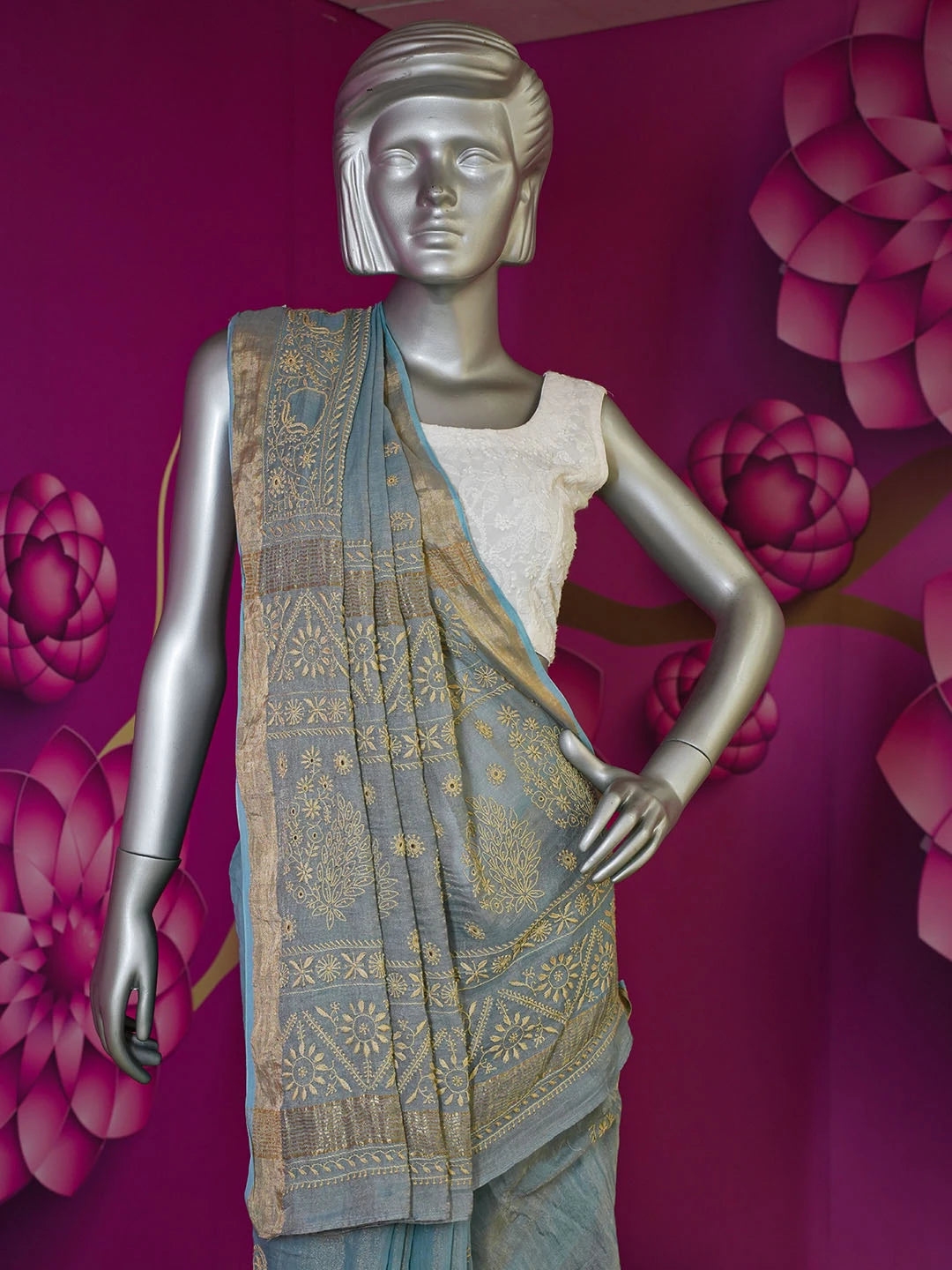 Ada Hand Embroidered Blue Tissue Lucknowi Chikankari Saree With Blouse 01A555787