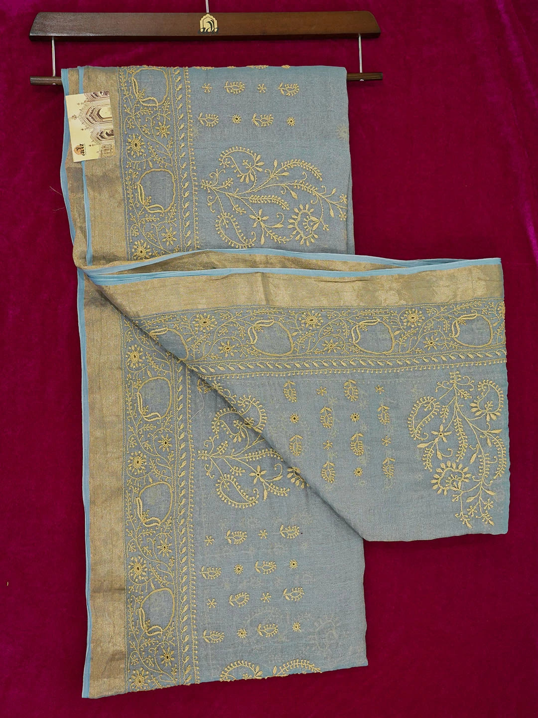 Ada Hand Embroidered Blue Tissue Lucknowi Chikankari Saree With Blouse 01A555787