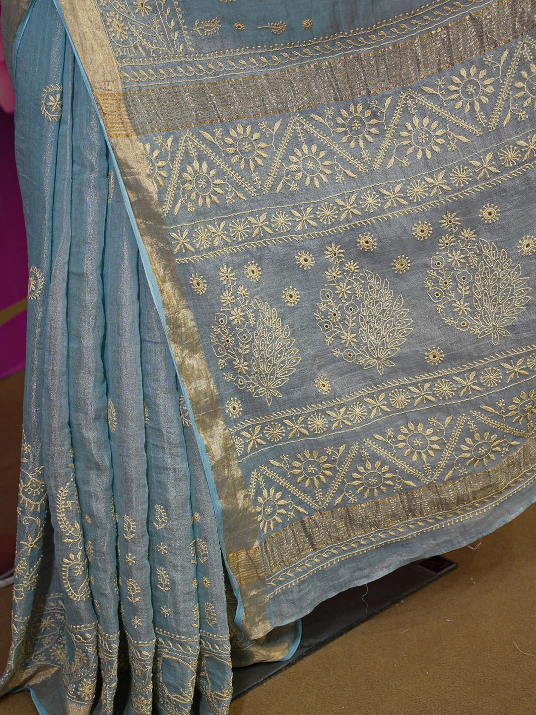 Ada Hand Embroidered Blue Tissue Lucknowi Chikankari Saree With Blouse 01A555787
