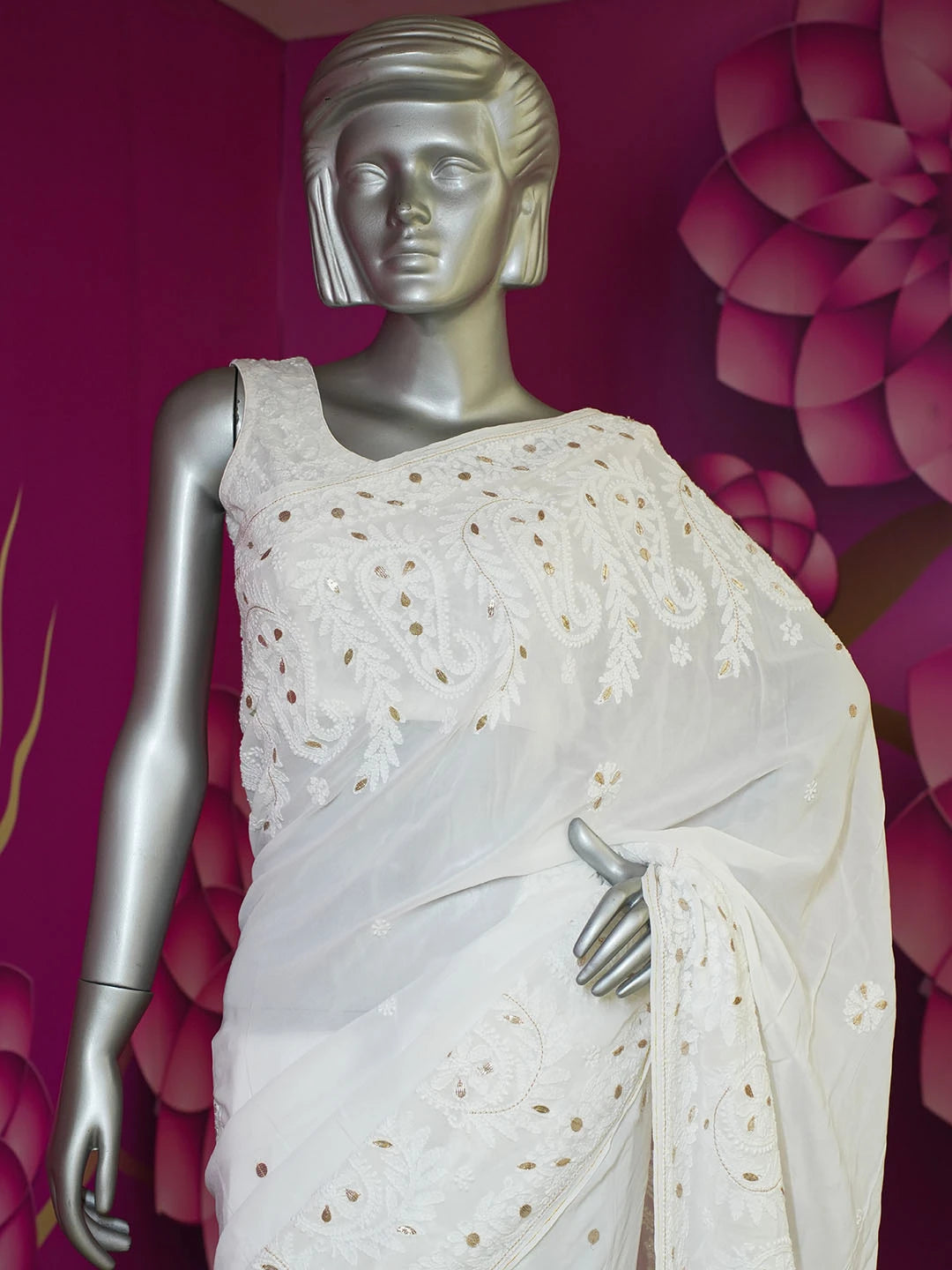 Ada Hand Embroidered White Viscose Georgette Lucknowi Chikankari Saree/Blouse With Gota Patti Work 01A585107
