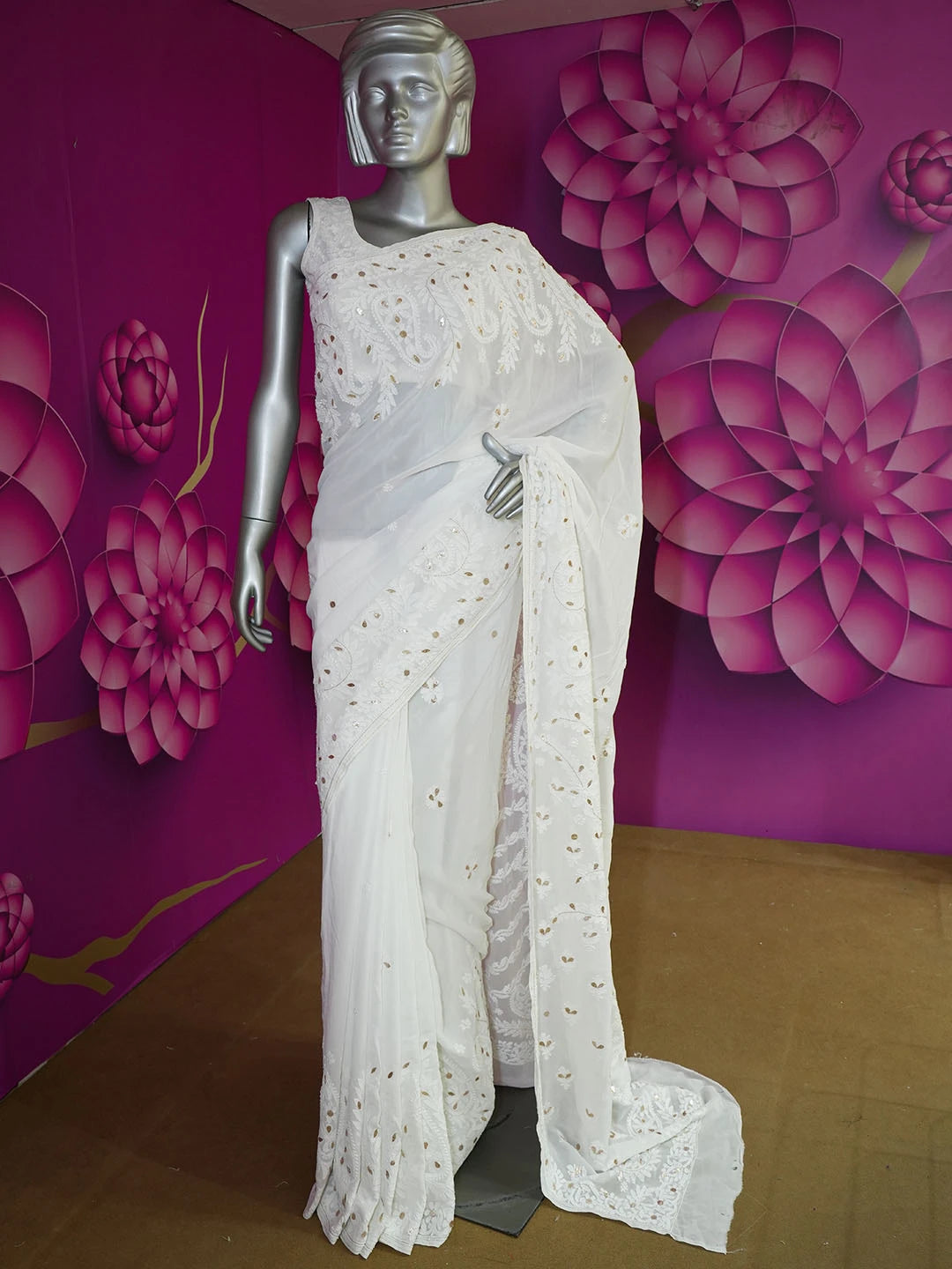 Ada Hand Embroidered White Viscose Georgette Lucknowi Chikankari Saree/Blouse With Gota Patti Work 01A585107