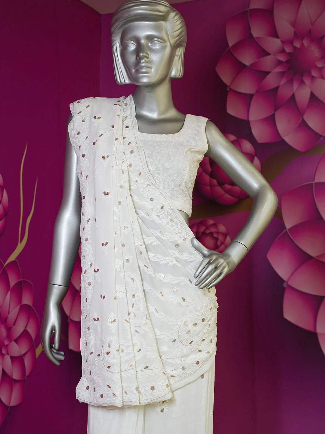 Ada Hand Embroidered White Viscose Georgette Lucknowi Chikankari Saree/Blouse With Gota Patti Work 01A585107