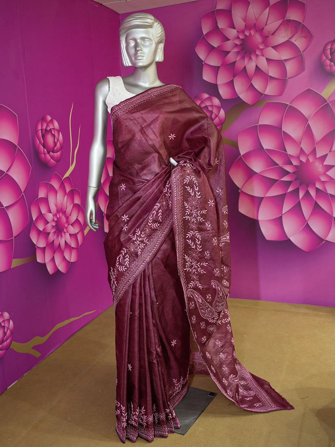 Ada Hand Embroidered Wine Silk Lucknowi Chikankari Saree With Blouse 01A591589