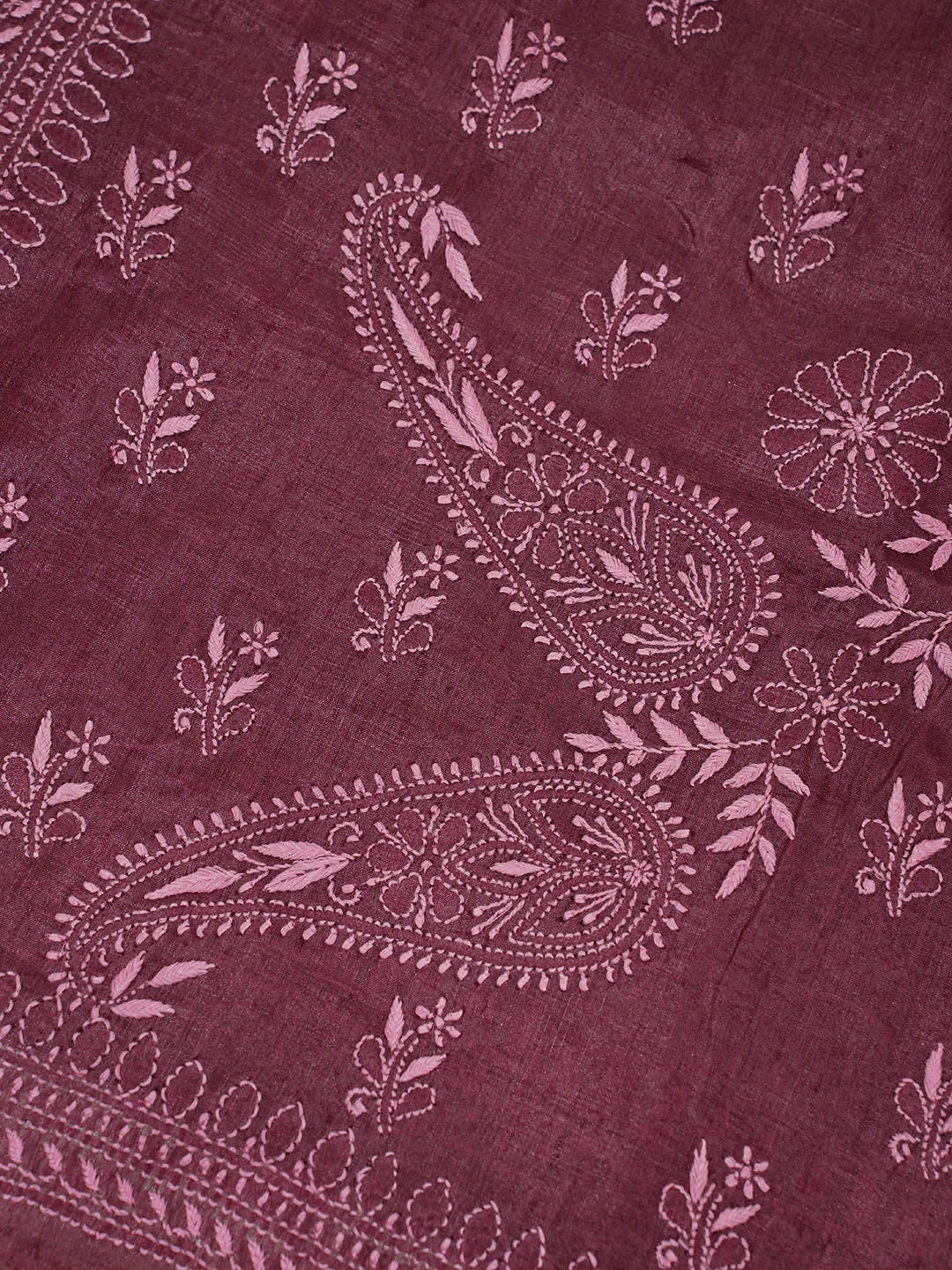 Ada Hand Embroidered Wine Silk Lucknowi Chikankari Saree With Blouse 01A591589