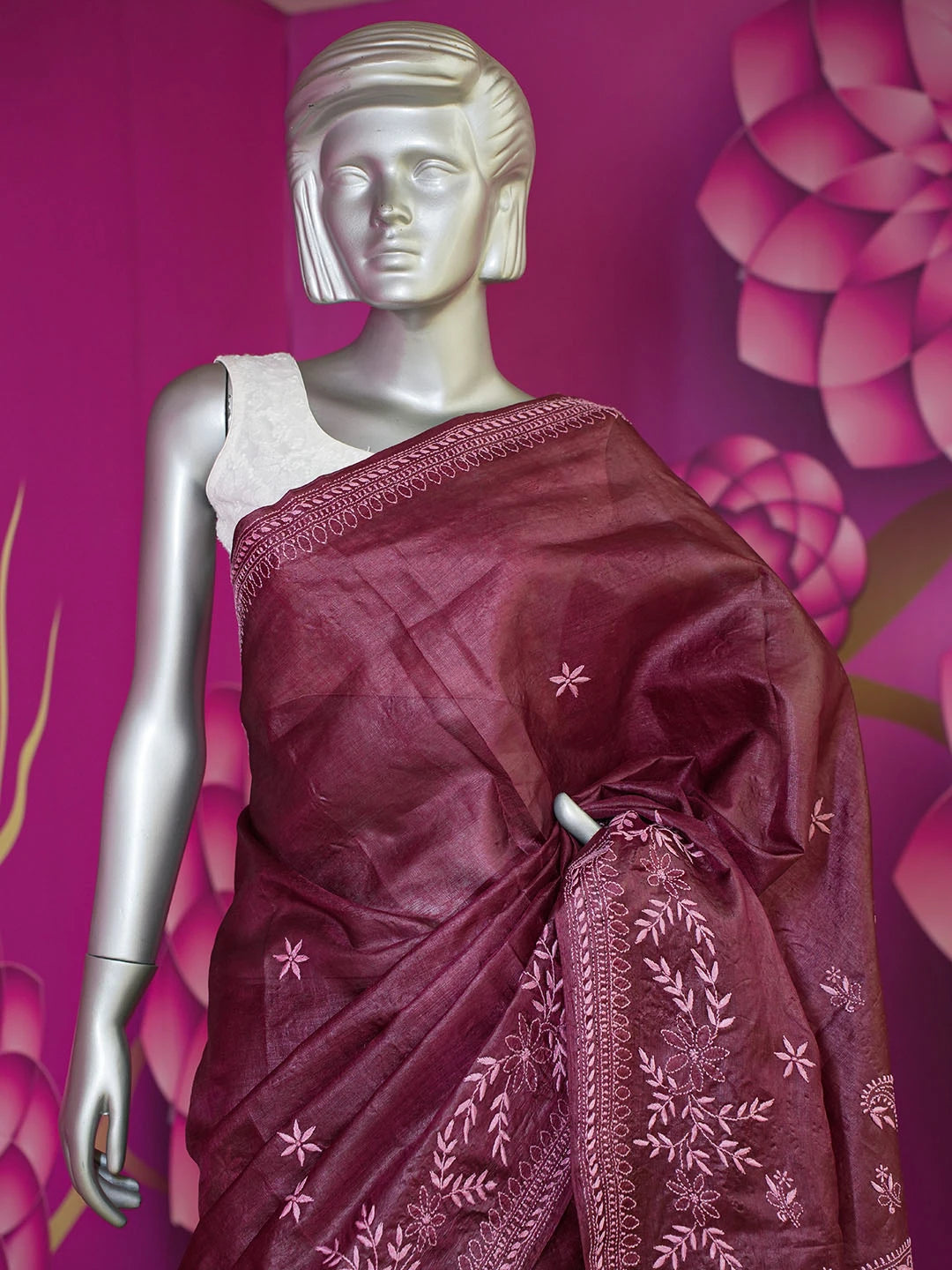 Ada Hand Embroidered Wine Silk Lucknowi Chikankari Saree With Blouse 01A591589